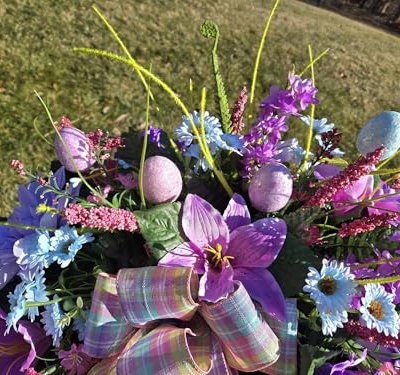 Product: Jucgghk Vivid and Realistic Floral Art 32" Purple Easter Saddle Flower, Artificial Elegant Saddle Flower for Outdoor Cemetery Grave Tombstone Decorations