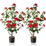 Product: Artificial Camellia Fake Tree 3.8FT, 2PCS Artificial Plants and Flowers for Front Door Decoration, Porch Patio Living Room Office and Indoor Outdoor Decoration