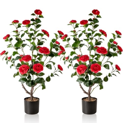 Product: Artificial Camellia Fake Tree 3.8FT, 2PCS Artificial Plants and Flowers for Front Door Decoration, Porch Patio Living Room Office and Indoor Outdoor Decoration