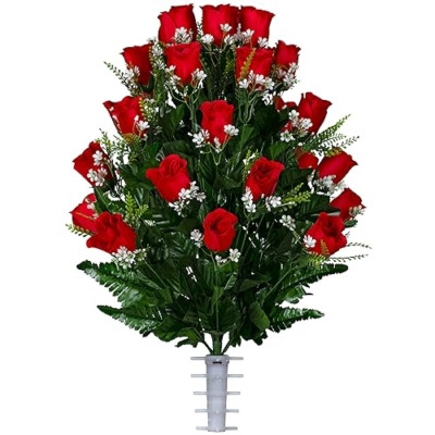 Product: Sympathy Silks Artificial Cemetery Flowers - Mothers Day Memorial Flowers - Outdoor Grave Flower Decorations - 30 Stems Ruby Red Roses