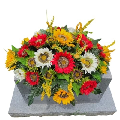 Product: Red Cream Large Sunflower Headstone Saddle, Yellow Sunflowers Grave Flowers for Funeral or Memorial Decoration Garland for Table Centerpiece Holiday Party Weddi