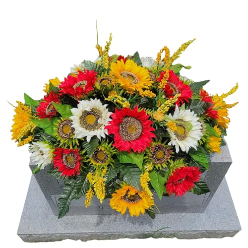 Product: Red Cream Large Sunflower Headstone Saddle, Yellow Sunflowers Grave Flowers for Funeral or Memorial Decoration Garland for Table Centerpiece Holiday Party Weddi