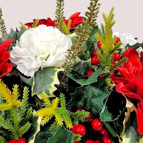 Product: Red and White Dahlia Headstone Saddle, Hydrangea and Carnations Grave Flowers for Decorations Cemetery Garland for Table Centerpiece Holiday Party Weddi