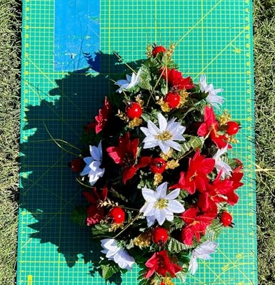 Product: Jucgghk Vivid and Realistic Floral Art Christmas Headstone Saddle Arrangement,Red and White Christmas 22”-24” Cemetery Single Saddle, Headstone Flower for Outdoor Grave Decorations