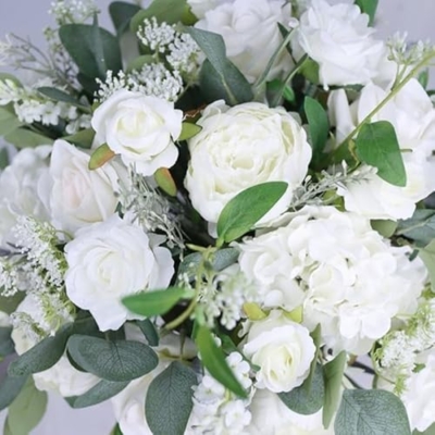 Product: White and Sage Green Wedding Table Arrangement, Guest Table Flower Ball, Wedding Floral Centerpiece, Made with Rose, Peony and Baby's Breath (40cm)