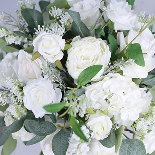 Product: White and Sage Green Wedding Table Arrangement, Guest Table Flower Ball, Wedding Floral Centerpiece, Made with Rose, Peony and Baby's Breath (40cm)