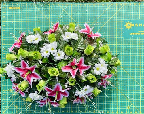 Product: Jucgghk Vivid and Realistic Floral Art Green and White Flowers Single Headstone Saddle,Beautiful Headstone Cemetery Saddle for Outdoor Grave Decorations
