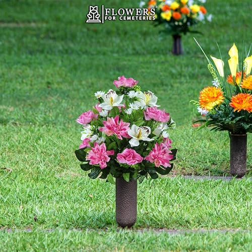 Product: Sympathy Silks Artificial Cemetery Flowers - Outdoor Grave Decorations - (1) Pink Dahlia Pink Rose with White Orchid Mix Bouquet