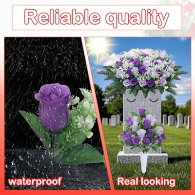 Product: LOSFOTBO 3pcs Headstone Flowers Saddle for Tombstone,Cemetery Flower Memorial Bouquet with Vase,Rose Headstone Flowers Saddle (Purple)