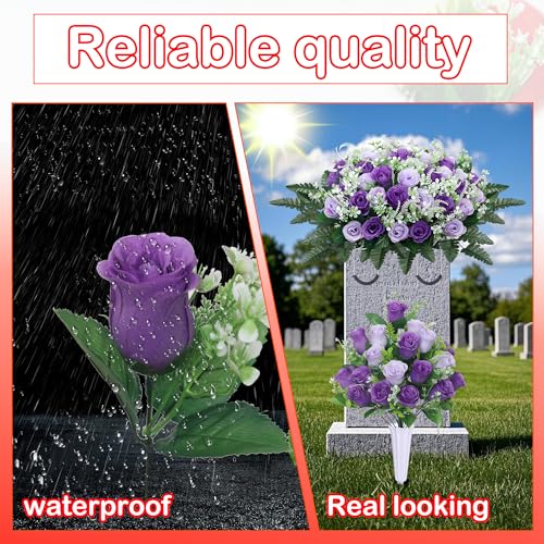 Product: LOSFOTBO 3pcs Headstone Flowers Saddle for Tombstone,Cemetery Flower Memorial Bouquet with Vase,Rose Headstone Flowers Saddle (Purple)