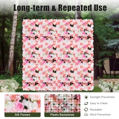 Product: QeuSulio 12PCS Artificial Flower Wall Panel, Fake Dahlias Roses Wall Background Arrangements, Large Silk Floral Backdrop with Different Flowers & Grid for Wedding Venue Decoration Candy Walls