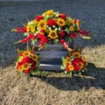 Product: Yellow Sunflower Red Geranium Gladiolus Large Cemetery Saddle & Cone Pair - 3 Memorial Decorations - Realistic Silk Faux Floral Artificial Grave Flowers for Headstone