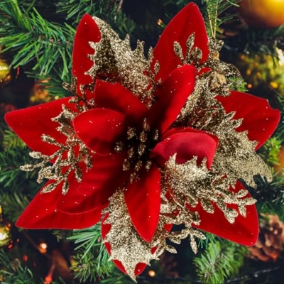 Product: SPORTYOUTH 3ft x 50ft Fence Privacy Screen Beige and 30 Pcs Red Gold Poinsettia Artificial Christmas Flowers with Clips Stems