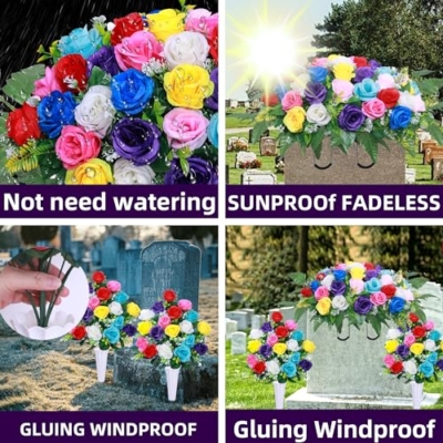 Product: Artificial Cemetery Flower Saddles,Artificial Silk Flower Arrangement for Headstones,Cemetery Memorial Flowers with Vase for Grave Tombstone Decorations (Colour, 1 Saddle 2 Bouquets)