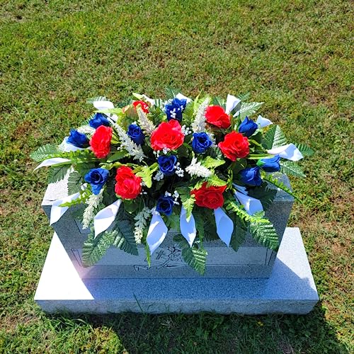 Silky Flower Store Cemetery Saddle Memorial Decoration, Red White and Blue Roses Calla Lilies, Artificial Silk Memorial Flowers, 20.5cm 7 7 Product: Cemetery Saddle Memorial Decoration - Realistic Silk Faux Floral Artificial Grave Flowers - Red White and Blue Roses and Calla Lilies for Headstone Decorating