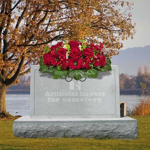 Product: HENOMO Velvet Cemetery Flower Saddle for Grave Decorations,Headstone Flower Saddle-Red Rose Mum and Berry-Non-Bleed Colors