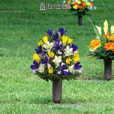 Product: Sympathy Silks Artificial Cemetery Flowers – Realistic Vibrant Tulips, Outdoor Grave Decorations - 1 Yellow Tulips Purple Iris Bouquet