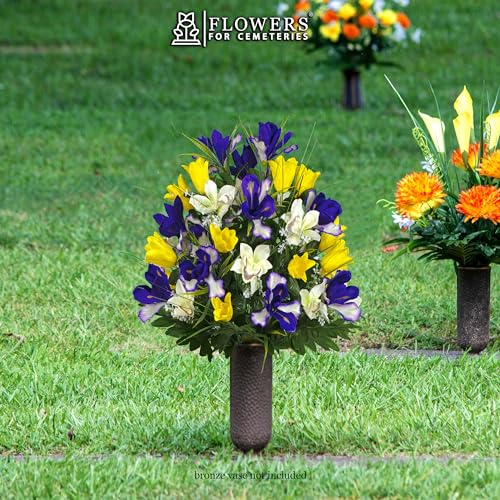 Product: Sympathy Silks Artificial Cemetery Flowers – Realistic Vibrant Tulips, Outdoor Grave Decorations - 1 Yellow Tulips Purple Iris Bouquet
