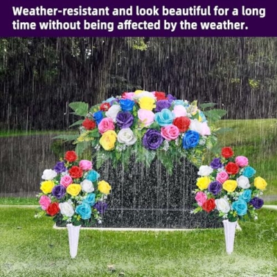 Product: Artificial Cemetery Flower Saddles,Artificial Silk Flower Arrangement for Headstones,Cemetery Memorial Flowers with Vase for Grave Tombstone Decorations (Colour, 1 Saddle 2 Bouquets)