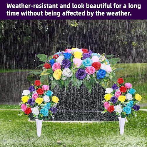 Product: Artificial Cemetery Flower Saddles,Artificial Silk Flower Arrangement for Headstones,Cemetery Memorial Flowers with Vase for Grave Tombstone Decorations (Colour, 1 Saddle 2 Bouquets)