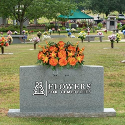 Product: Sympathy Silks 30" Headstone Flower Saddle Artificial Cemetery Flowers - Gravesite Flowers - Sunrise Gladiolus Roses, Lilies