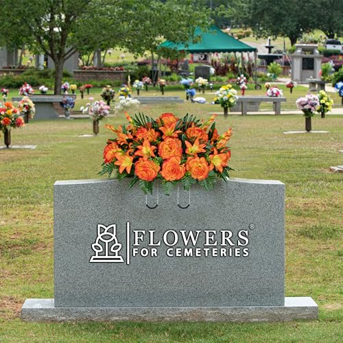 Product: Sympathy Silks 30" Headstone Flower Saddle Artificial Cemetery Flowers - Gravesite Flowers - Sunrise Gladiolus Roses, Lilies