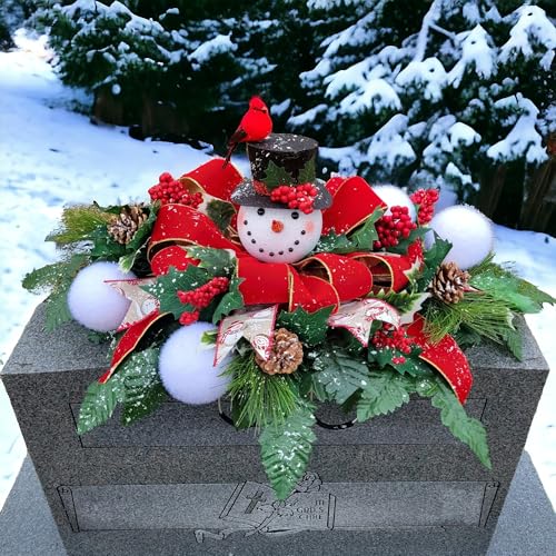 Product: Smiling Snowman Headstone Saddle, Red Velvet Bow Headstone Saddle for Christmas Memorial Decoration or Winter Cemetery Arrangement Garland for Table Centerpiece Holiday Party Weddi