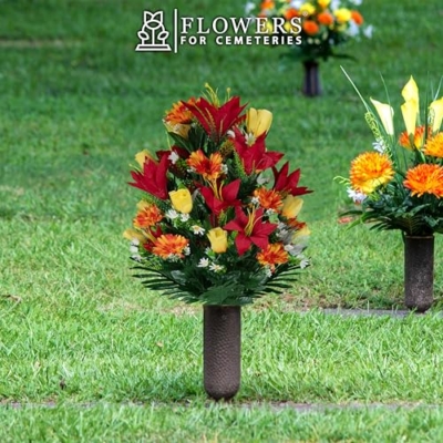 Product: Sympathy Silks Artificial Cemetery Flowers - Gravesite Flowers - Red Lilies with Sunrise Daisies and Yellow Roses - (1) Bouquet