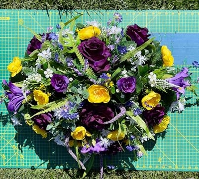 Product: Jucgghk Vivid and Realistic Floral Art 36" Beautiful Purple and Yellow Flowers Cemetery Saddle, Headstone Saddle for Outdoor Cemetery Decoration