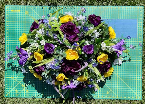 Product: Jucgghk Vivid and Realistic Floral Art 36" Beautiful Purple and Yellow Flowers Cemetery Saddle, Headstone Saddle for Outdoor Cemetery Decoration