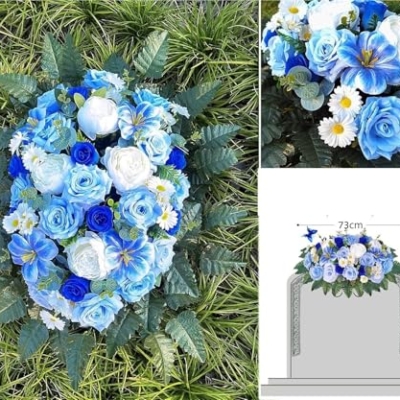 Product: Lifelike Blue Tulip And Rose Saddle-shaped Flowers, Artificial Cemetery Flowers, Suitable For Outdoor Cemetery Gravestones Saddle Tablet Decoration Arrangement Garland for Table Centerpiece Holiday Pa