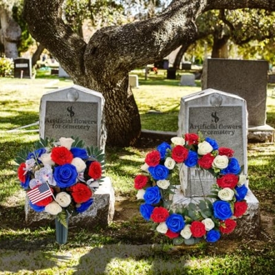 Silky Flower Store Cemetery Wreath, Memorial Day Grave Wreath, Blue White Rose Red Carnation, 2 Flags, 30 Inch Easel Stand, 30 inch 17 17 Product: Saxili Cemetery Wreaths, Memorial Day Grave Wreath with 30 inch Easel Stand,Headstone Wreath Flower with Gravestone Hanger-Artificial Blue/White Rose and Red Carnation,2 Flags Included