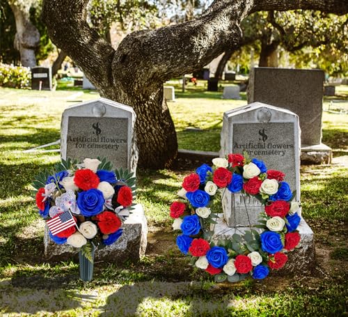 Silky Flower Store Cemetery Wreath, Memorial Day Grave Wreath, Blue White Rose Red Carnation, 2 Flags, 30 Inch Easel Stand, 30 inch 8 8 Product: Saxili Cemetery Wreaths, Memorial Day Grave Wreath with 30 inch Easel Stand,Headstone Wreath Flower with Gravestone Hanger-Artificial Blue/White Rose and Red Carnation,2 Flags Included