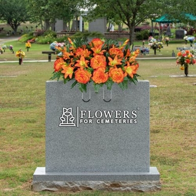 Product: Sympathy Silks 30" Headstone Flower Saddle Artificial Cemetery Flowers - Gravesite Flowers - Sunrise Gladiolus Roses, Lilies