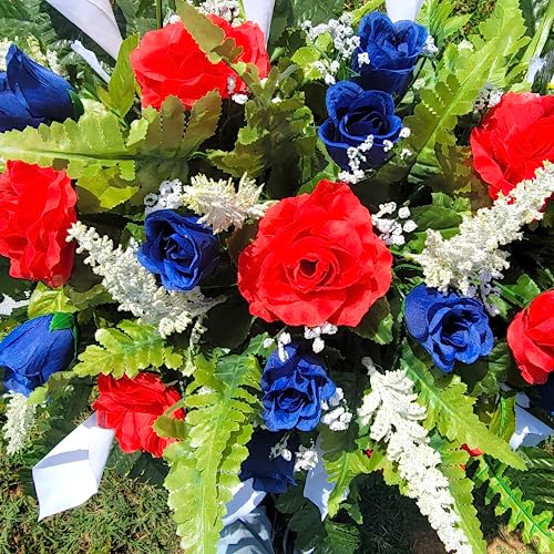 Silky Flower Store Cemetery Saddle Memorial Decoration, Red White and Blue Roses Calla Lilies, Artificial Silk Memorial Flowers, 20.5cm 2 2 Product: Cemetery Saddle Memorial Decoration - Realistic Silk Faux Floral Artificial Grave Flowers - Red White and Blue Roses and Calla Lilies for Headstone Decorating