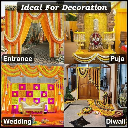 Product: MANTRAMART Artificial Marigold Garland Strings – Pack of 10 (5 Dark Orange, 5 Yellow) – Decorative Flowers for Festival, Party, Wedding, Home & Office Decoration – Reusable & Fluffy Look (4.5 ft Each)