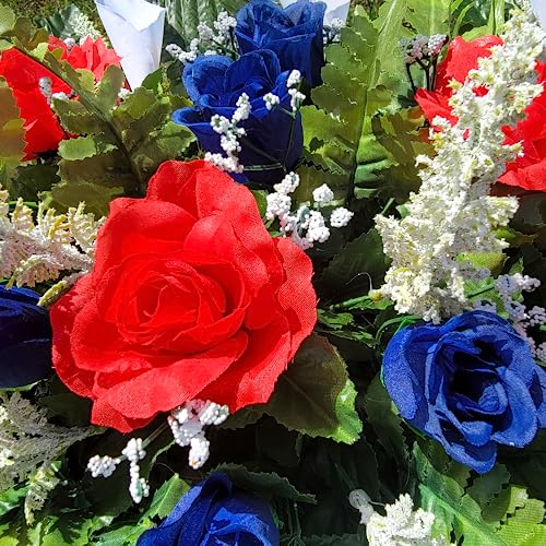 Silky Flower Store Cemetery Saddle Memorial Decoration, Red White and Blue Roses Calla Lilies, Artificial Silk Memorial Flowers, 20.5cm 3 3 Product: Cemetery Saddle Memorial Decoration - Realistic Silk Faux Floral Artificial Grave Flowers - Red White and Blue Roses and Calla Lilies for Headstone Decorating