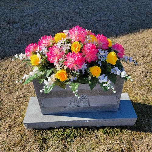 Product: Pink Ball Mums Headstone Saddle, Yellow Roses and Cream Larkspur Grave Flowers for Cemetery for Memorial Decorating Garland for Table Centerpiece Holiday Party Weddi