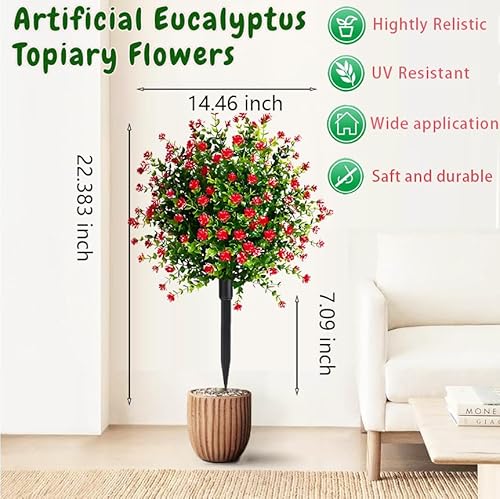 Product: Set of 2 Fall Boxwood Topiary Ball Trees Artificial Outdoor with Ground Spike, 22.3"UV Resistant Faux Shrubs with Mum Flowers, Fake Outdoor Bushes Plants for Garden Yard Porch Patio decor Red