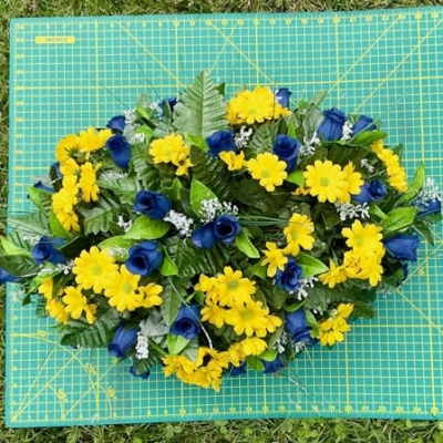 Product: Jucgghk Vivid and Realistic Floral Art 22-24" Blue Roses and Yellow Daisies Cemetery Saddle, Headstone Saddle Arrangement,Memorial Flowers for Grave Tombstone Decorations