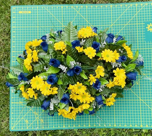 Product: Jucgghk Vivid and Realistic Floral Art 22-24" Blue Roses and Yellow Daisies Cemetery Saddle, Headstone Saddle Arrangement,Memorial Flowers for Grave Tombstone Decorations
