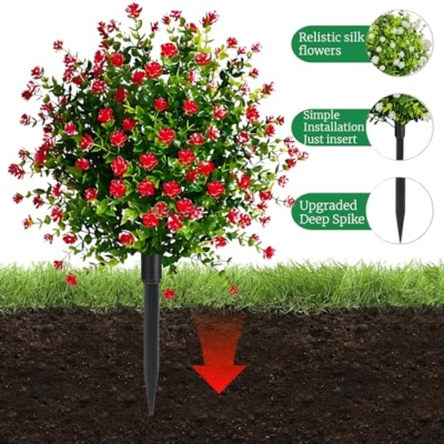 Product: Set of 2 Fall Boxwood Topiary Ball Trees Artificial Outdoor with Ground Spike, 22.3"UV Resistant Faux Shrubs with Mum Flowers, Fake Outdoor Bushes Plants for Garden Yard Porch Patio decor Red
