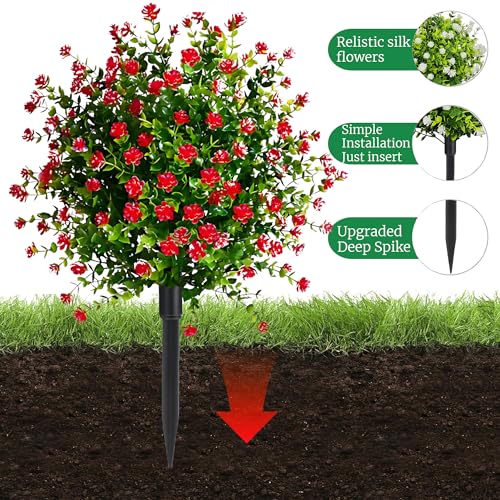 Product: Set of 2 Fall Boxwood Topiary Ball Trees Artificial Outdoor with Ground Spike, 22.3"UV Resistant Faux Shrubs with Mum Flowers, Fake Outdoor Bushes Plants for Garden Yard Porch Patio decor Red