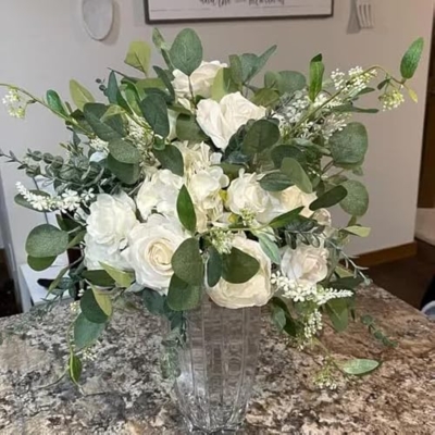 Product: White and Sage Green Wedding Table Arrangement, Guest Table Flower Ball, Wedding Floral Centerpiece, Made with Rose, Peony and Baby's Breath (40cm)
