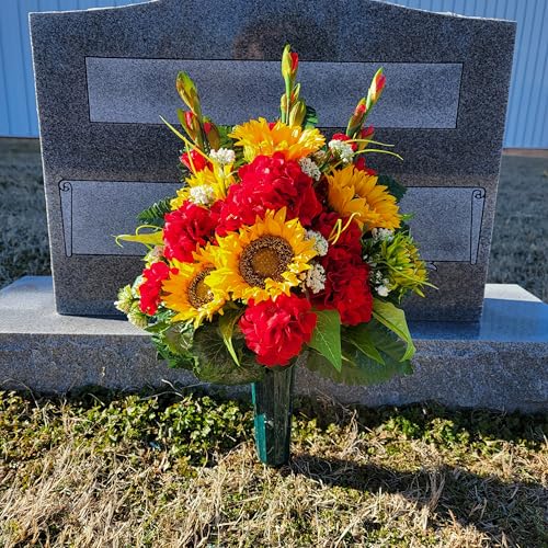 Product: Yellow Sunflower Red Geranium Gladiolus Large Cemetery Saddle & Cone Pair - 3 Memorial Decorations - Realistic Silk Faux Floral Artificial Grave Flowers for Headstone