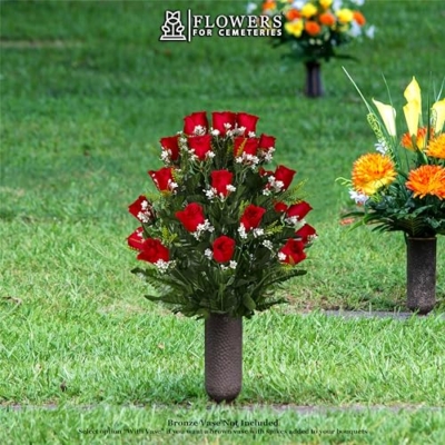 Product: Sympathy Silks Artificial Cemetery Flowers - Mothers Day Memorial Flowers - Outdoor Grave Flower Decorations - 30 Stems Ruby Red Roses