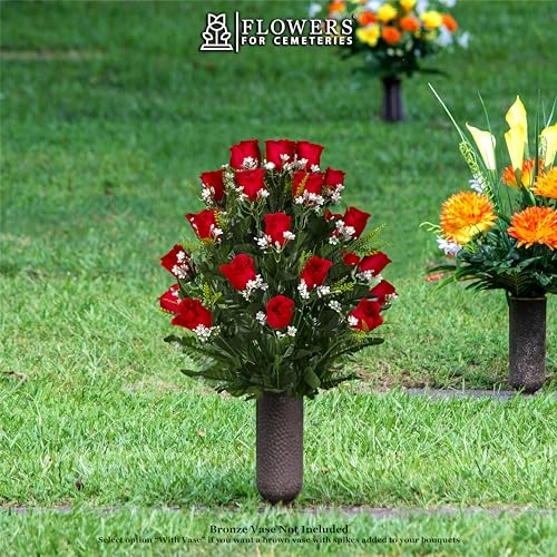 Product: Sympathy Silks Artificial Cemetery Flowers - Mothers Day Memorial Flowers - Outdoor Grave Flower Decorations - 30 Stems Ruby Red Roses