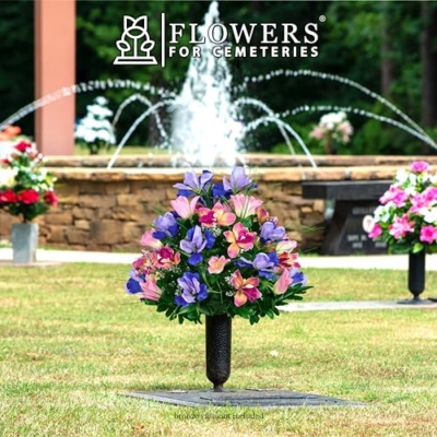 Product: Sympathy Silks Artificial Cemetery Flowers – Realistic Vibrant Tulips, Outdoor Grave Decorations - 1 Cream Pink Tulip Purple Iris Bouquet