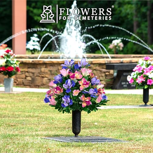 Product: Sympathy Silks Artificial Cemetery Flowers – Realistic Vibrant Tulips, Outdoor Grave Decorations - 1 Cream Pink Tulip Purple Iris Bouquet