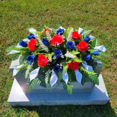 Silky Flower Store Cemetery Saddle Memorial Decoration, Red White and Blue Roses Calla Lilies, Artificial Silk Memorial Flowers, 20.5cm 17 17 Product: Cemetery Saddle Memorial Decoration - Realistic Silk Faux Floral Artificial Grave Flowers - Red White and Blue Roses and Calla Lilies for Headstone Decorating
